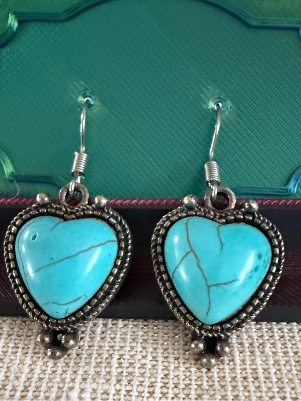 Two Pair Turquoise Heart Drop Earrings - Blue Heart Dangle Earrings - Picture 3 of 7